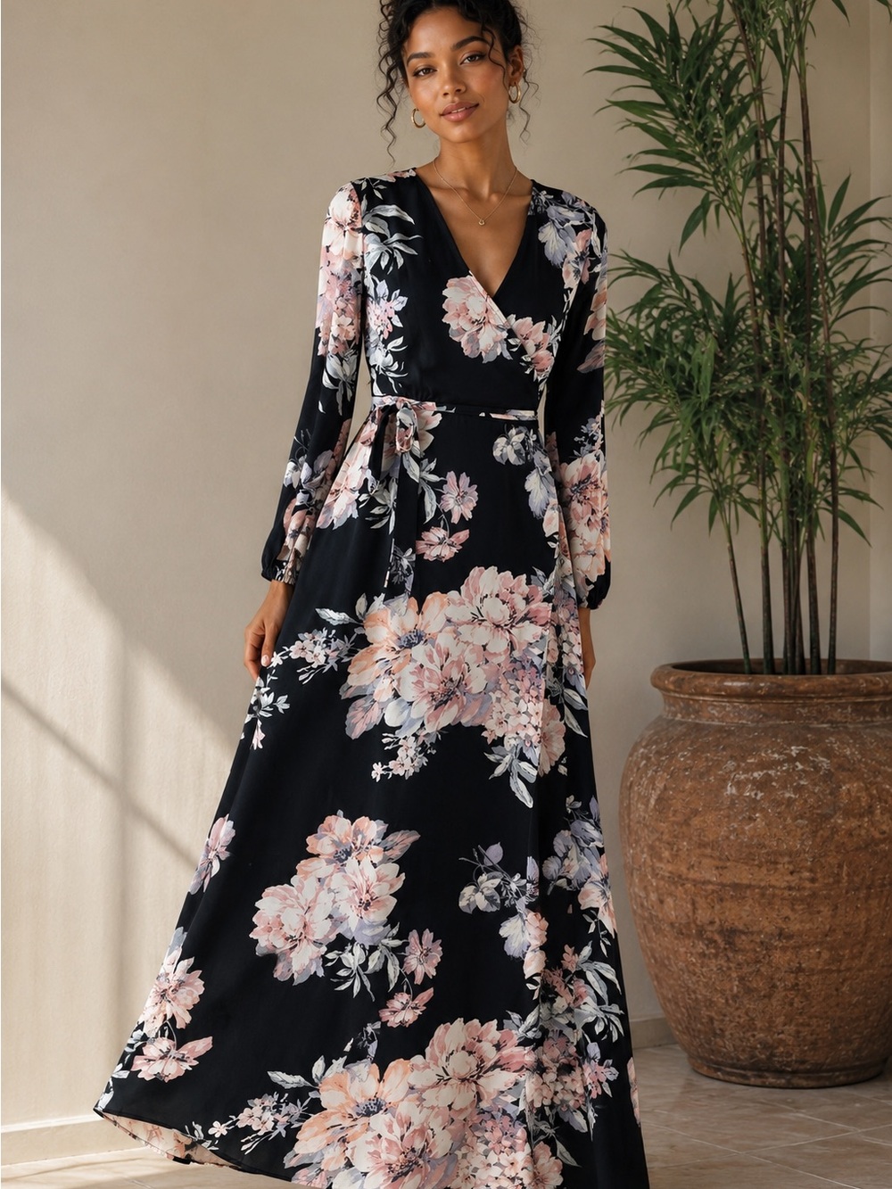 Black Floral Wrap Maxi Dress with Blush Accents